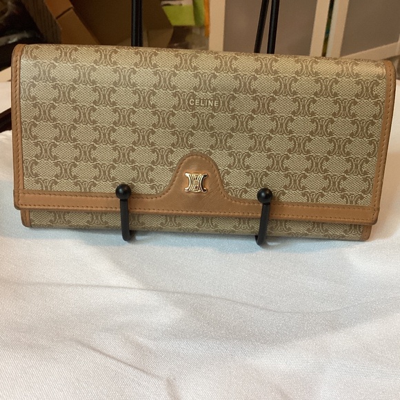 CELINE Tan Kisslock Long Wallet Macadam Print Leather Coated Canvas beige lux - Picture 1 of 16